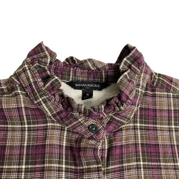 Banana Republic Top Womens S Sugar Plum Plaid Flannel Ruffle Neck Preppy Boho - Picture 4 of 14